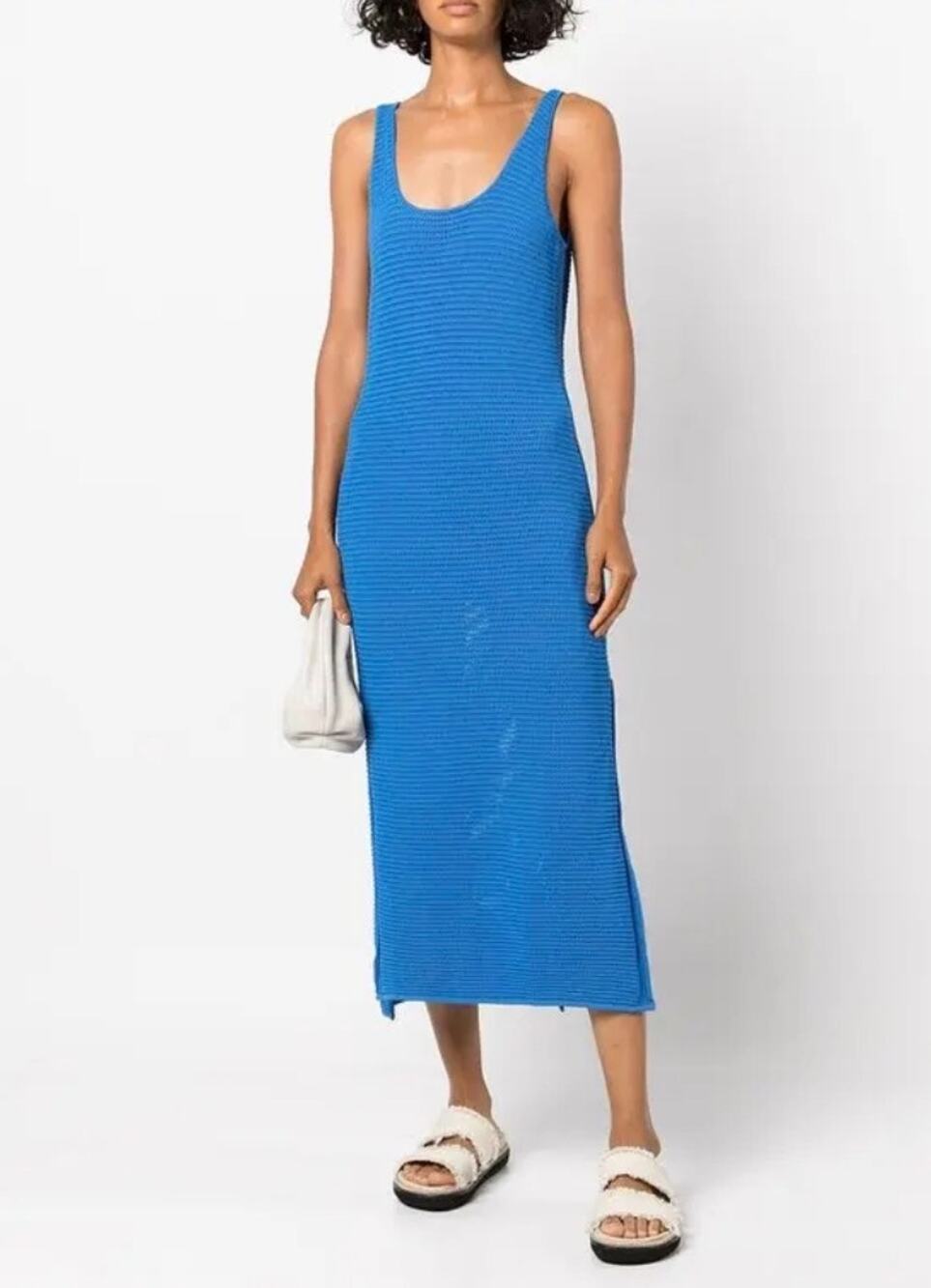 FRAME Provence Blue Crochet Ribbed Knit Tank Maxi Dress Sleeveless Stretch Sz  L